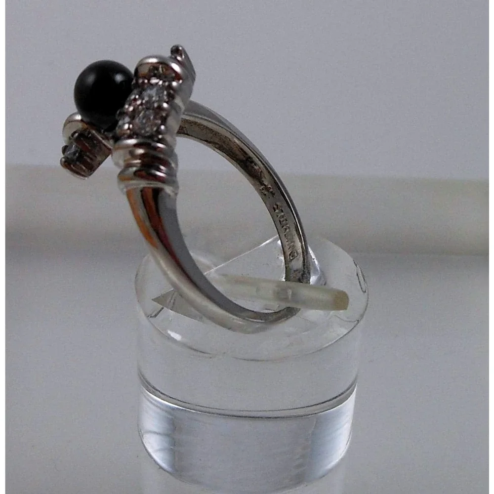 Vintage 90s Black Onyx Bead Bypass Ring‎ 925 Sterling Silver CZ Size 8 15mm Wide